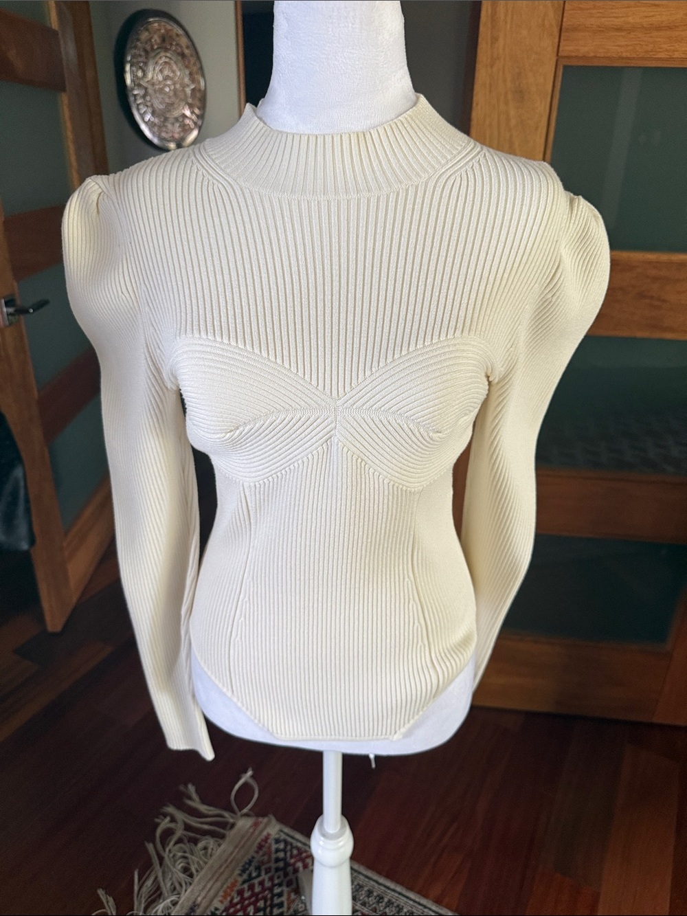 Women's Cream Ribbed Long-Sleeve Knit Top